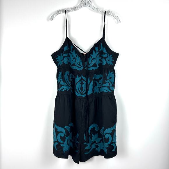 Free People Everblue Romper Black Blue Adjustable Straps Embroidery Womens Sz L - Picture 3 of 11